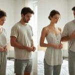 Imagen que muestra el ritual de transición para el Home Office, con un hombre y una mujer cambiando de ropa de descanso a un uniforme de productividad, promoviendo el bienestar laboral.