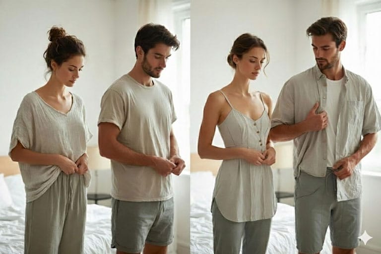 Imagen que muestra el ritual de transición para el Home Office, con un hombre y una mujer cambiando de ropa de descanso a un uniforme de productividad, promoviendo el bienestar laboral.