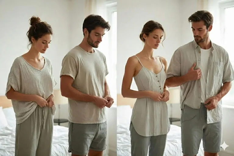 Imagen que muestra el ritual de transición para el Home Office, con un hombre y una mujer cambiando de ropa de descanso a un uniforme de productividad, promoviendo el bienestar laboral.