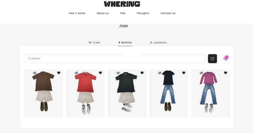 Captura de la aplicación Whering mostrando cinco outfits planificados para el guardarropa de Home Office.