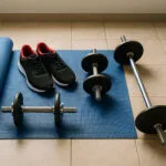 hábitos sostenibles: entrenamiento diario en casa con mat, mancuernas y barra