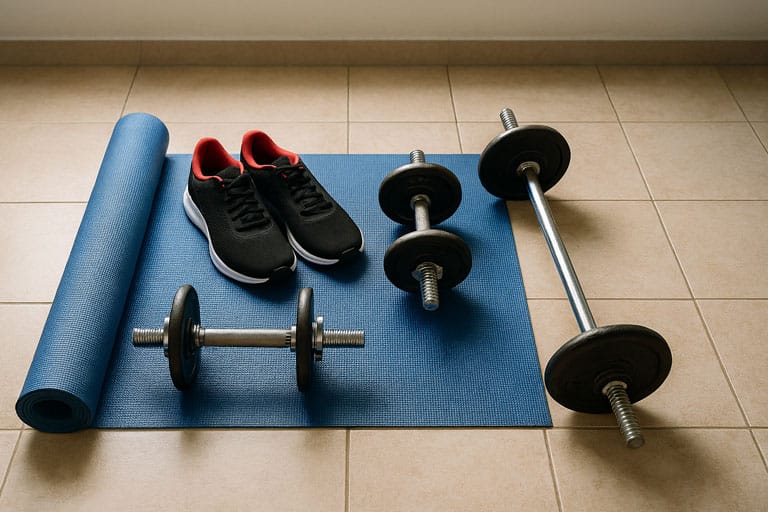 hábitos sostenibles: entrenamiento diario en casa con mat, mancuernas y barra