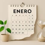 Calendario de enero parcialmente roto, junto a reloj de arena y planta verde sobre fondo neutro.