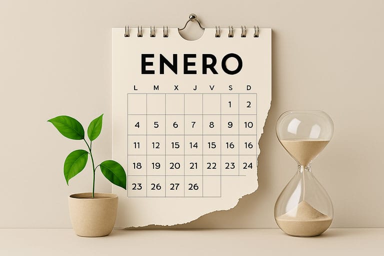 Calendario de enero parcialmente roto, junto a reloj de arena y planta verde sobre fondo neutro.