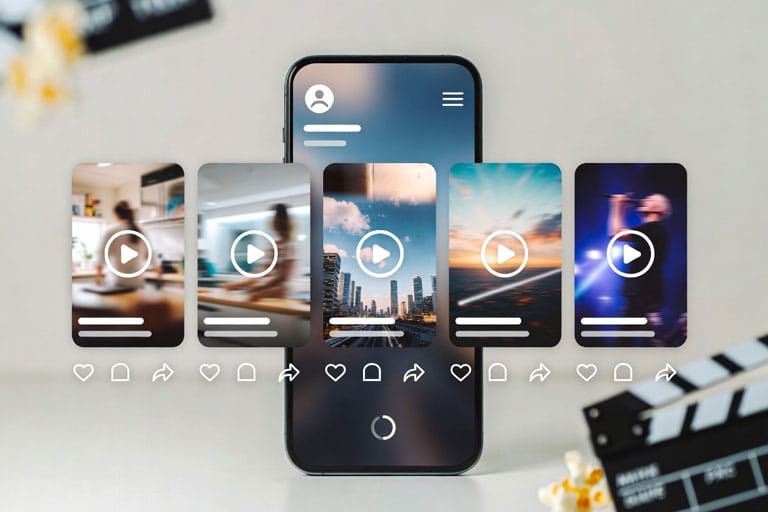 Imagen conceptual de consumo de videos cortos tipo TikTok en un teléfono móvil, mostrando un feed vertical con scroll infinito que representa atención fragmentada.