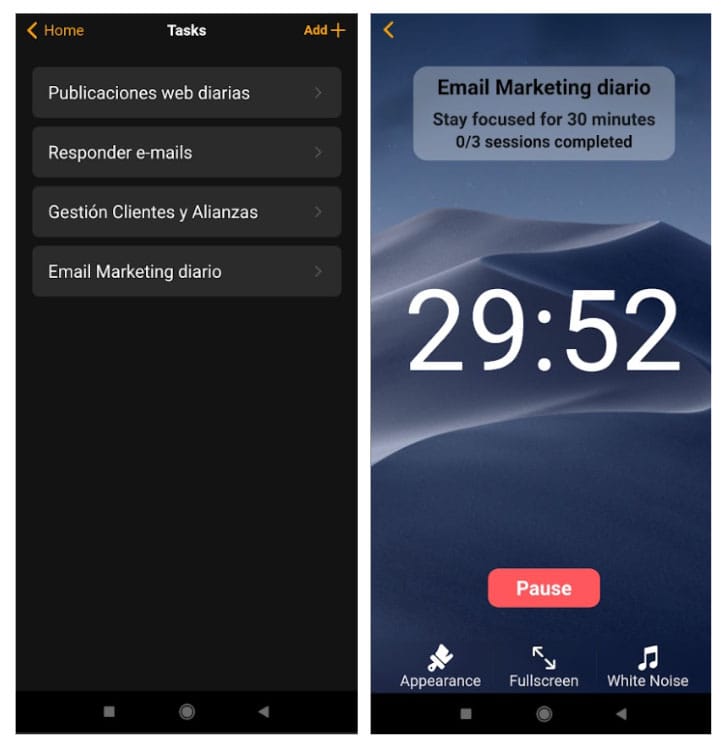 Vista de mis bloques de trabajo en Pomodone: tareas diarias del trabajo remoto y sesión de email marketing de 30 minutos.