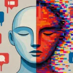 Rostro dividido que representa la salud emocional digital: lado izquierdo sereno en azul, lado derecho glitcheado en rojo simbolizando la ira online internalizada.