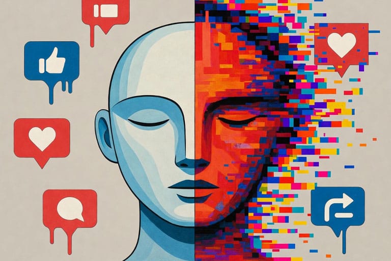 Rostro dividido que representa la salud emocional digital: lado izquierdo sereno en azul, lado derecho glitcheado en rojo simbolizando la ira online internalizada.