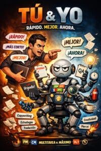 Ilustración de un humano dando órdenes a un robot saturado de tareas.