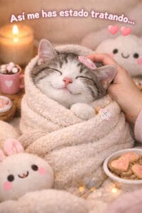 Ilustración de un gato arropado que simboliza trato cuidadoso hacia una IA.