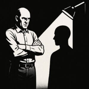 Una ilustración dramática donde un hombre serio, bajo un foco de luz, interroga a otra figura en penumbra. La escena transmite tensión y autoridad.