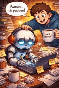 Ilustración de un humano brindando optimismo a un robot saturado de tareas.