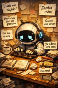 Robot rodeado de notas con demandas opuestas, simbolizando presión digital.