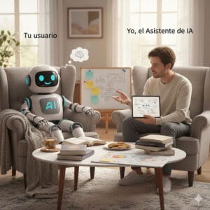 Un robot y un humano sentados en un ambiente cálido, revisando diagramas y notas. La imagen simboliza colaboración entre usuario y asistente de IA.