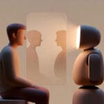 “Ilustración conceptual de un humano y un robot reflejándose en una pantalla, simbolizando un espejo emocional digital