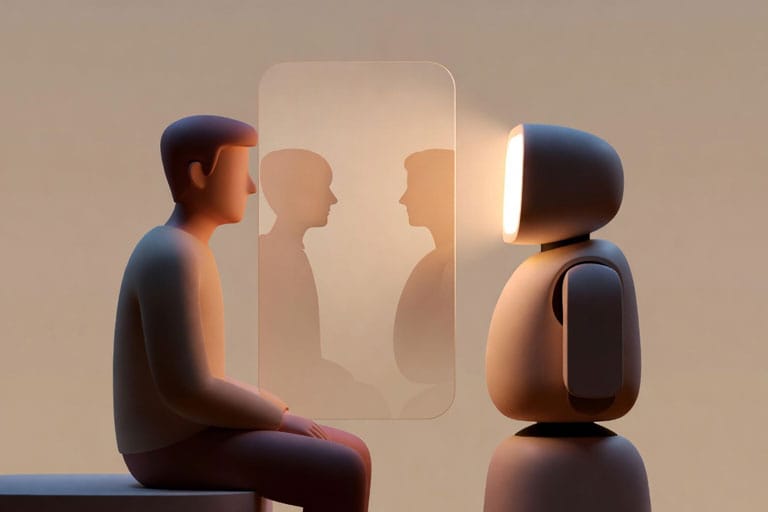 “Ilustración conceptual de un humano y un robot reflejándose en una pantalla, simbolizando un espejo emocional digital
