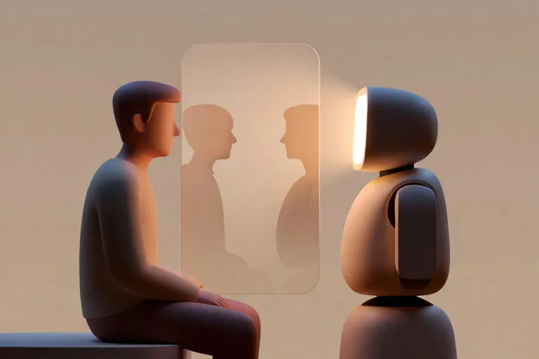 “Ilustración conceptual de un humano y un robot reflejándose en una pantalla, simbolizando un espejo emocional digital