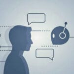 Ilustración de una silueta humana interactuando con una figura de inteligencia artificial, representando la presencia digital simulada.