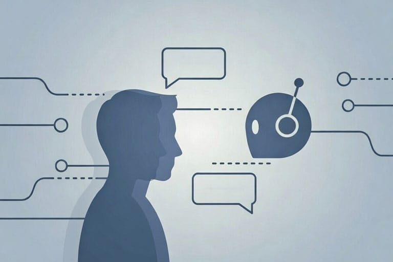 Ilustración de una silueta humana interactuando con una figura de inteligencia artificial, representando la presencia digital simulada.