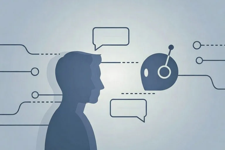 Ilustración de una silueta humana interactuando con una figura de inteligencia artificial, representando la presencia digital simulada.