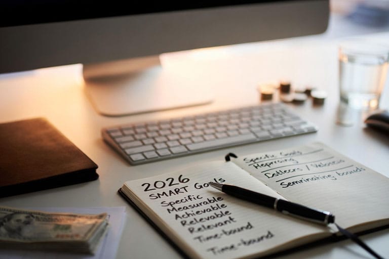 Escritorio con cuaderno abierto mostrando metas financieras SMART para 2026, junto a computadora, dinero y herramientas de planificación.