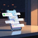 Teléfono móvil con notificaciones de mensajes laborales encendido en una habitación de noche, representando interrupciones fuera del horario de trabajo.