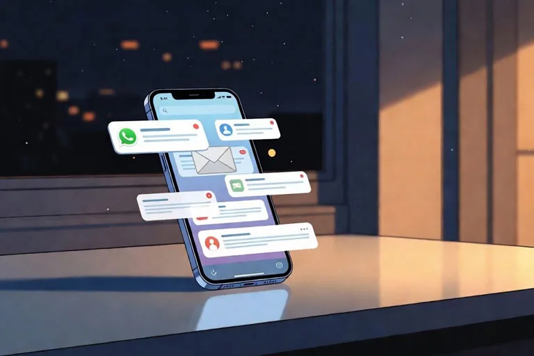 Teléfono móvil con notificaciones de mensajes laborales encendido en una habitación de noche, representando interrupciones fuera del horario de trabajo.