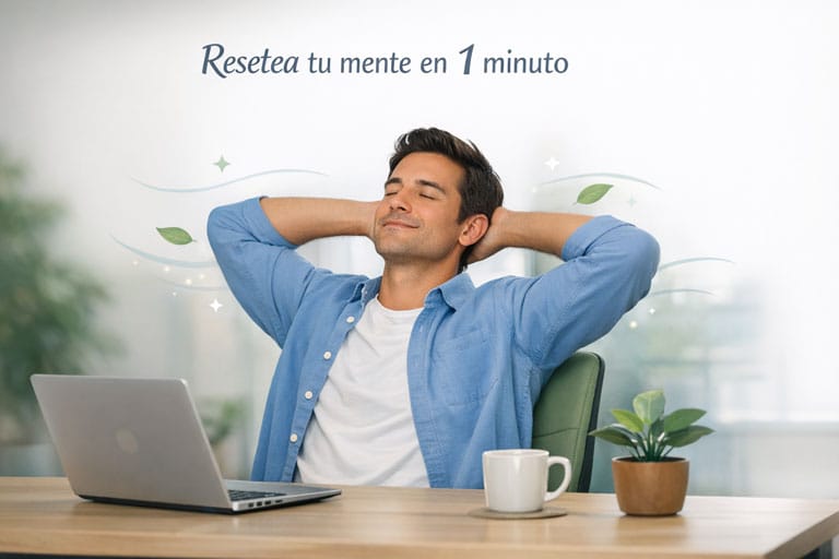 joven tomando un descanso frente al computador, respirando profundamente con expresión serena. Lleva camisa azul y camiseta blanca, sentada en una silla verde, con laptop, taza y planta sobre el escritorio. Texto superior: “Resetea tu mente en 1 minuto”